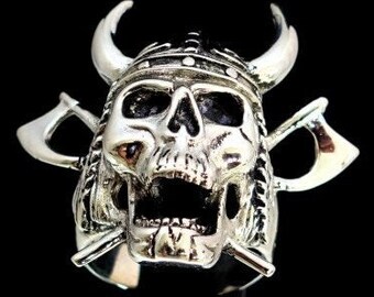 Big Sterling silver Skull ring Horned Viking Warrior on Crossed Battle Axes high polished and antiqued 925 silver men's ring