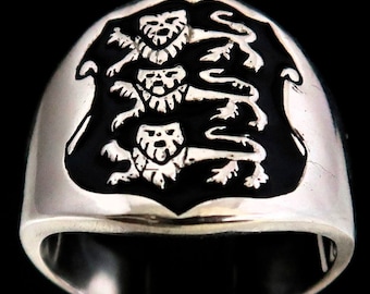 Anello Con Sigillo Vintage Inglese Con Diamanti In Argento Sterling Placcato Oro - Grande Regalo Unisex Da Uomo / Tre Leoni / Taglia UK - V / Taglia USA - 10 1/2 - Italia - Foto 9