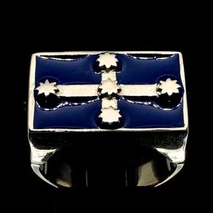 Sterling silver ring Southern Cross Eureka Flag Australia with Blue enamel high polished 925 silver men&#39;s ring