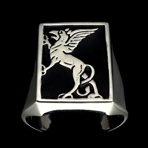 Sterling silver Griffin ring Winged Lion Eagle Gryphon ancient Egypt symbol on Black enamel high polished 925 silver men's ring