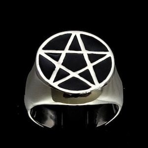 Sterling silver ring Celtic Pentagram Star Pagan Witchcraft symbol ancient Babylonia with Black enamel high polished 925 silver