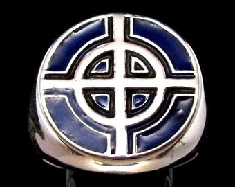 Sterling Silver Celtic Ring: Medieval Ringed Cross Ireland Pagan symbol on Blue enamel