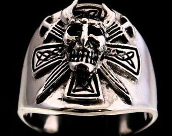 Sterling silver Skull ring Viking Warrior on Crossed Battle Swords high polished and antiqued 925 silver