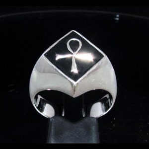 Diamond shaped Sterling silver ancient symbol ring Egyptian Ankh on Black enamel high polished 925 silver