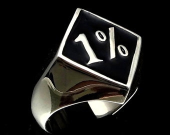 Sterling silver Biker ring One percent symbol on Black enamel diamond shape high polished 925 silver men&#39;s ring
