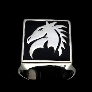 Sterling silver Chess symbol ring The Knight Horse of Chess with Black enamel high polished 925 silver men&#39;s ring