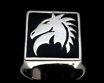 Sterling Silver Chess Knight Ring: Black Enamel, High Polish