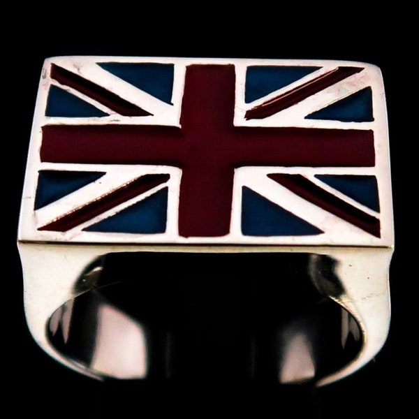 Sterling silver English Flag ring Union Jack UK England with Red and Blue enamel high polished 925 silver men's ring