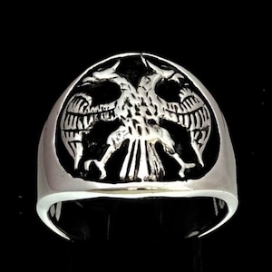 Antiqued Sterling silver ring Twin Head Eagle coat of arms Russia high polished 925 silver