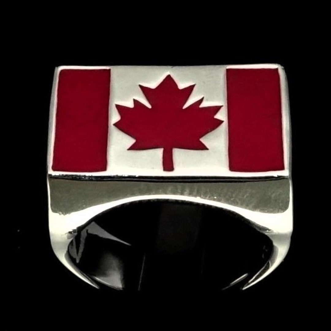 Sterling Silver Canadian Flag Ring Canada Maple Leaf With Red Enamel