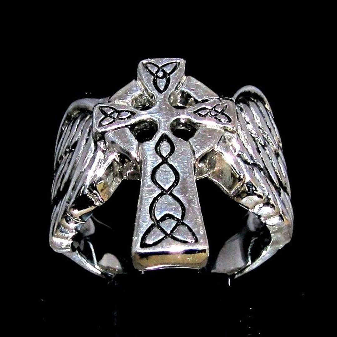 Sterling Silver Ring Winged Celtic Cross Knot Ireland High Polished and ...