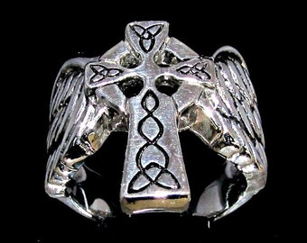 Sterling silver ring Winged Celtic Cross Knot Ireland high polished and antiqued 925 silver