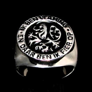 Sterling silver ring Flemish Lion Belgium Ik ben Vlaming with Black enamel high polished 925 silver men&#39;s ring