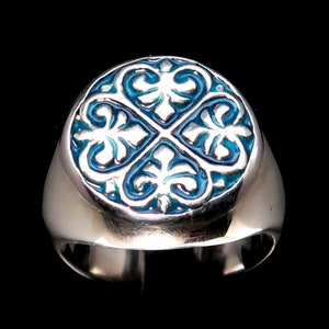 Sterling silver ring Fleur de Lis French Lily Flowers medieval symbol with Blue enamel high polished 925 silver men&#39;s ring
