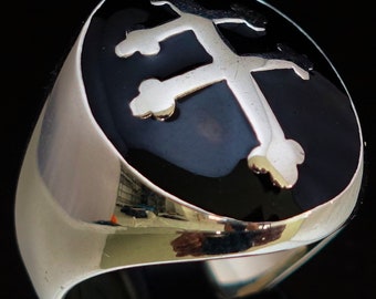 Dome shaped Oval Sterling silver ring Lorraine Cross France Heraldic symbol with Black enamel high polished 925 silver