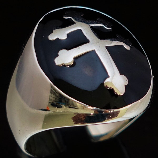 Dome shaped Oval Sterling silver ring Lorraine Cross France Heraldic symbol with Black enamel high polished 925 silver