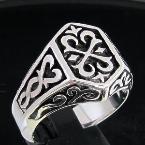 Bague en argent sterling vieillie, calligraphie médiévale lettre X croix, bague pour hommes en argent 925 poli