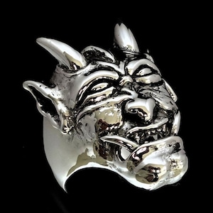 Sterling silver ring Hannya Japanes Noh theater Horned Laughing Devil high polished and antiqued 925 silver men&#39;s ring