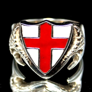 Saint Georges Cross: Rot auf weißem Emaille Drachenschild, englische Flagge Sterling Silber Ring