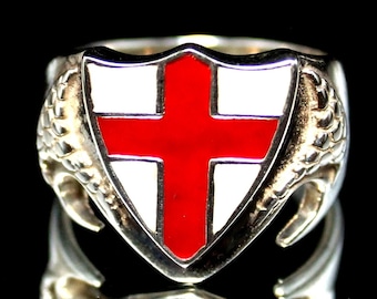 Saint Georges Cross: Red on White enamel Dragon Shield, English Flag Sterling Silver Ring