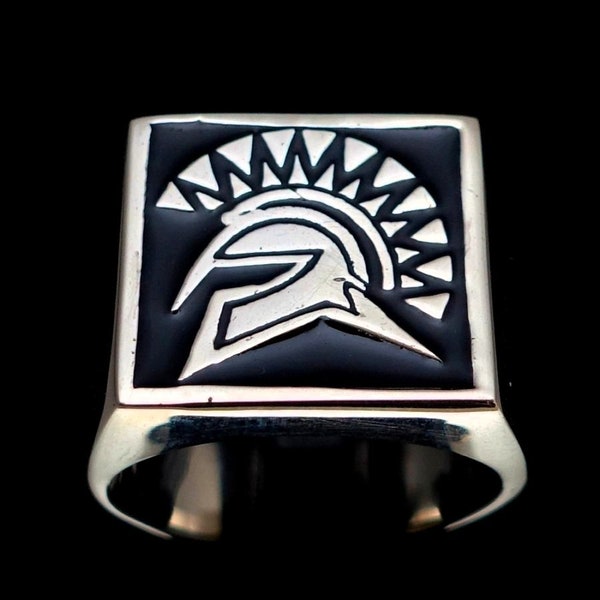 Bague en argent sterling ancien guerrier grec athénien militaire Athènes Grèce avec bague pour homme en argent 925 poli en émail noir