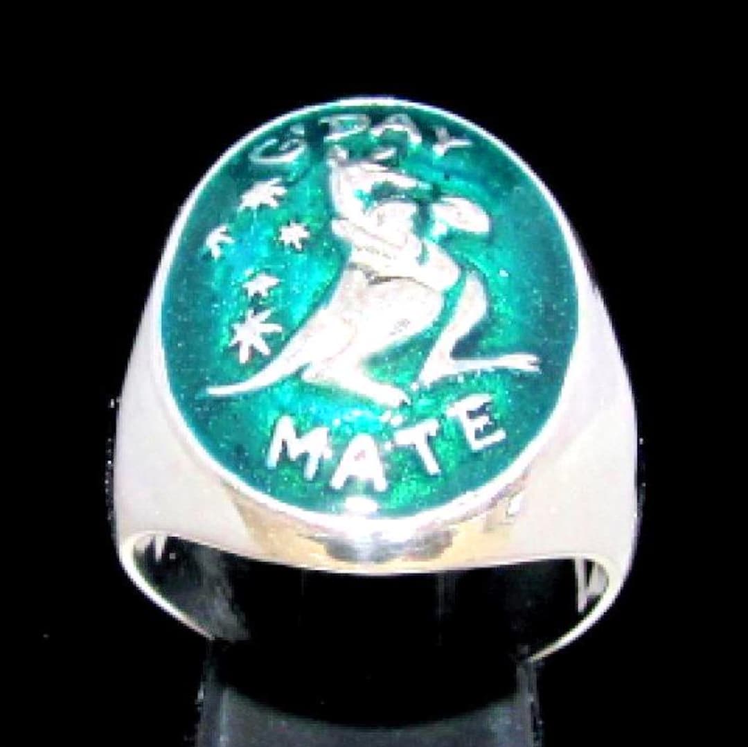 Kangaroo Rng Sterling Silver Boxing Kangaroo Ring, Green Enamel G'day Mate Australia ...