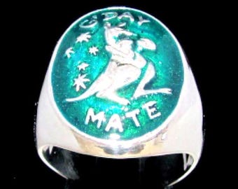 Sterling Silver Boxing Kangaroo Ring, Green Enamel G'Day Mate Australia