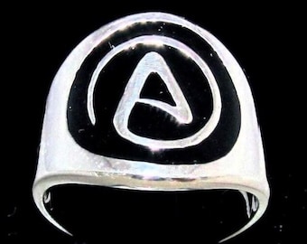 Sterling silver Atheist ring Anti Religion symbol with Black enamel high polished 925 silver