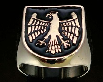 Sterling Silver Men's Ring, Medieval Eagle Shield with Black Enamel