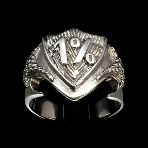Sterling silver Biker ring One Percent symbol on Medieval Dragon Shield high polished 925 Sterling silver men&#39;s ring