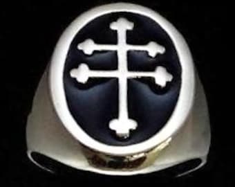 Sterling silver Lorraine Cross ring Heraldic symbol medieval France Croix d' Anjou with Black enamel high polished 925 silver