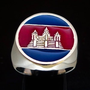 Round Sterling silver Flag ring Angkor Wat Cambodia Khmer Temple with Red and Blue enamel high polished 925 silver