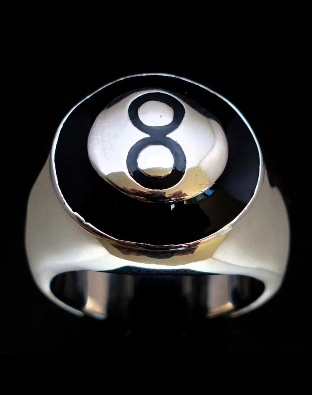 Sterling Silver Ring Black Eight Ball Pool Billiards With Black Enamel ...