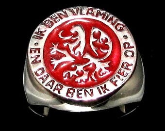 Sterling silver ring Flemish Lion Belgium Ik ben Vlaming with Red enamel high polished