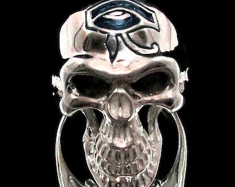 Sterling silver ring Eye of Ra on Grinning Skull ancient Egypt symbol Horus in Blue enamel high polished 925 silver men's ring