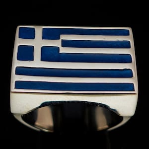 Sterling silver Greek Flag ring Greece with Blue enamel high polished 925 silver men&#39;s ring
