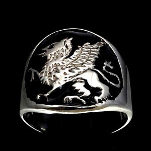 Sterling silver Griffin ring Winged lion Eagle Gryphon with Black enamel high polished 925 silver mythical animal ring