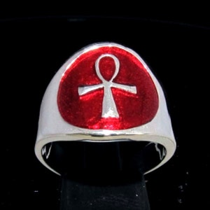 Sterling silver ring Ankh ancient Egypt Symbol of Life Cross with Red enamel high polished 925 silver