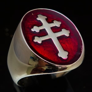 Sterling silver ring Lorraine Cross of Anjou France Heraldic symbol with Red enamel high polished 925 silver