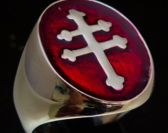 Sterling Silver Lorraine Cross Ring: Croix d'Anjou France on Red enamel Heraldic Jewelry