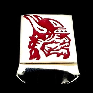 Sterling silver men&#39;s ring Viking Chief with Horned Helmet in Red enamel high polished 925 silver