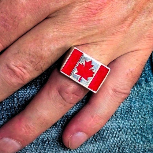 Sterling silver Canadian Flag ring Canada shops Maple Leaf with Red enamel high polished 925 silver men's ring