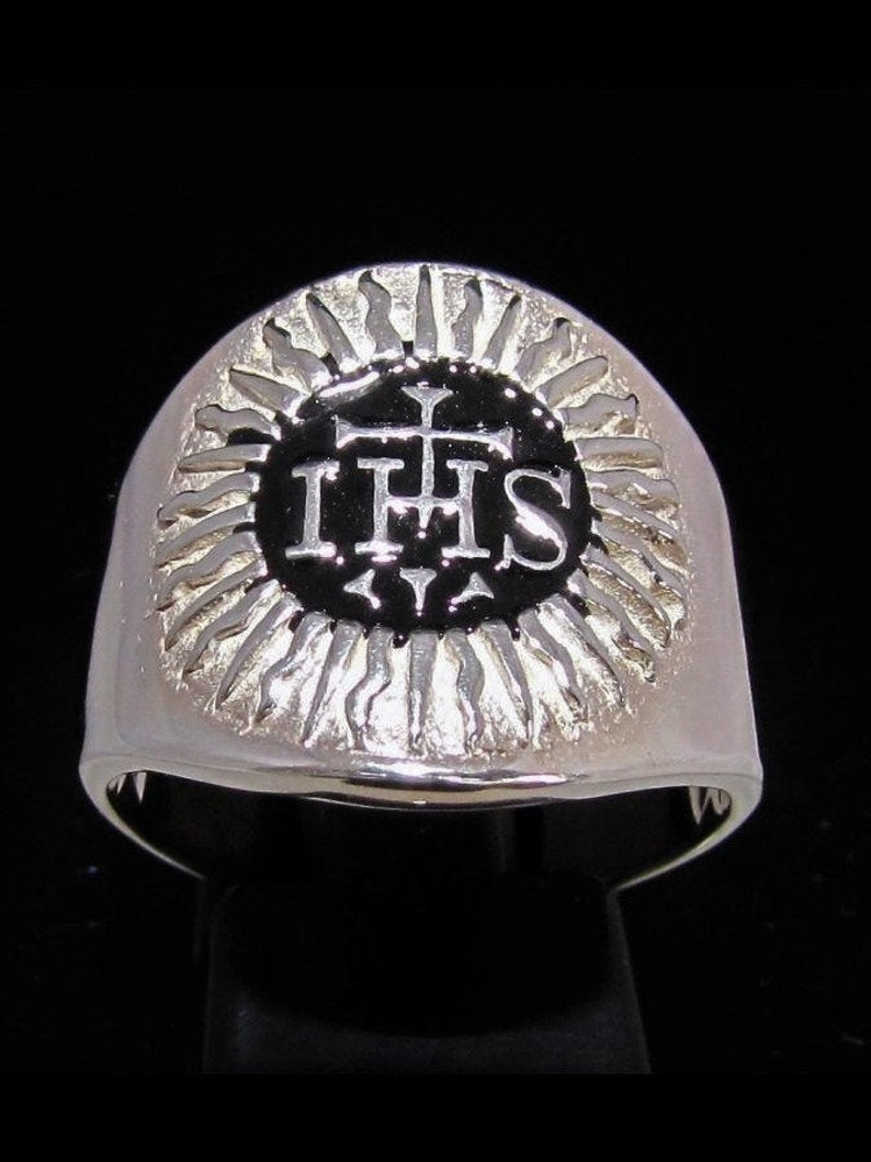 Sterling silver religious symbol ring IHS Christ monogram Three Nail Cross with Black enamel high polished 925 silver