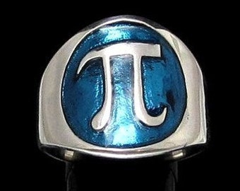 Sterling silver Mathematician symbol ring Pi ancient Greek letter symbol with Blue enamel high polished 925 silver