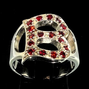 Sterling Silver Initial B Ring with 17 Red CZ Stones