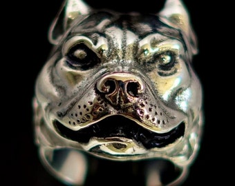 Sterling Silver Pit Bull Ring: Antiqued 925 Dog Terrier Jewelry