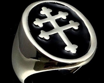 Sterling Silver Lorraine Cross Ring: Croix d'Anjou on Black Enamel Heraldic Jewelry