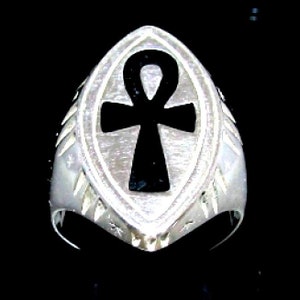 Sterling silver Ankh ring Big Egyptian Ankh symbol in Black enamel ancient Egypt Cross high polished 925 silver