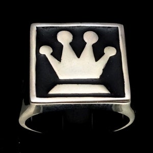 Sterling silver Chess Player symbol ring The Queen Medieval Crown Chess piece with Black enamel high polished 925 silver men&#39;s ring