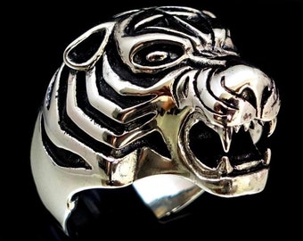 Sterling silver Animal ring Tiger vicious Predator Big Cat Panther high polished and antiqued 925 silver wild animal ring